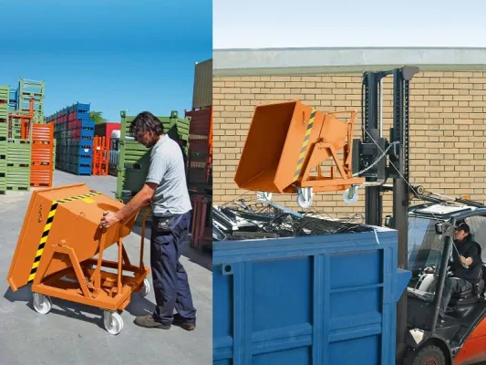 Bild: Robuste, fahrbare Stahlkippbehälter für rauen Einsatz