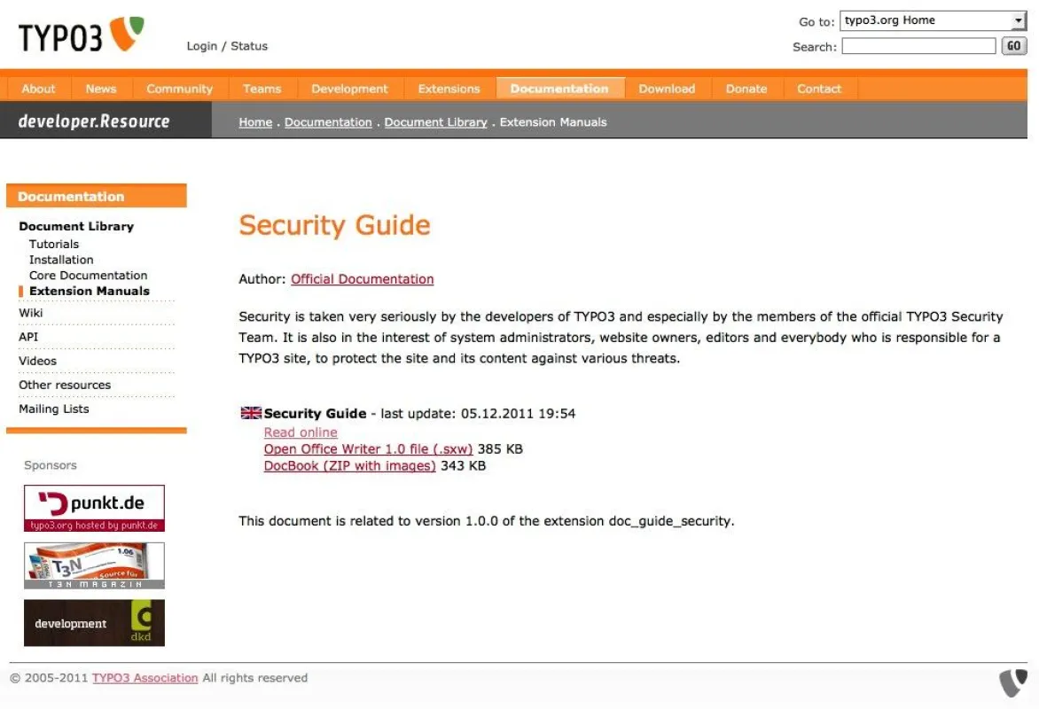 Downloadseite des TYPO3 Security Guide