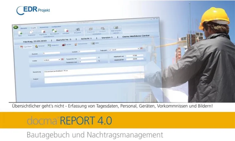 Bautagebuch-Software docma REPORT - Bauprojekte perfekt dokumentieren Bild: Bautagebuch-Software docma REPORT - Bauprojekte perfekt dokumentieren