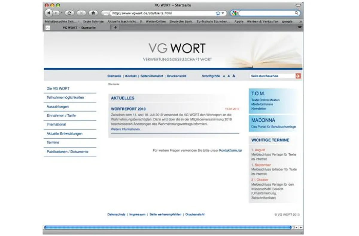 Startseite des Internetauftritts www.vgwort.de