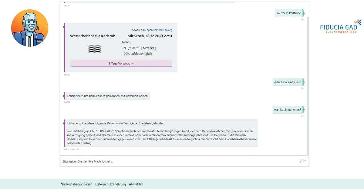 BOTTO: Dialog im Chatfenster mit dem digitalen Assistenten BOTTO (Copyright: Fiducia & GAD IT)