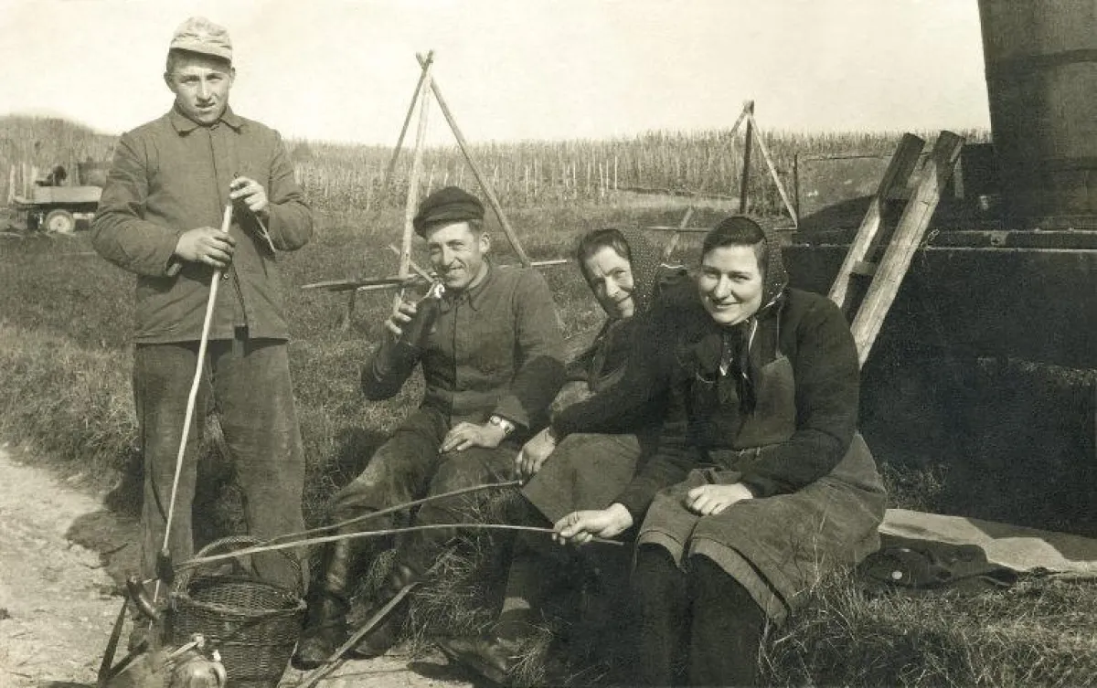 Gerhard Reiner (2.v.l.) pflanzte vor über 50 Jahren in Hausen an der Zaber als Pionier die Rebsorte Samtrot. Die Jungfernernte wurde im Jahr 1957 in der Genossenschaft Hausen erstmals im Keller ausgeb