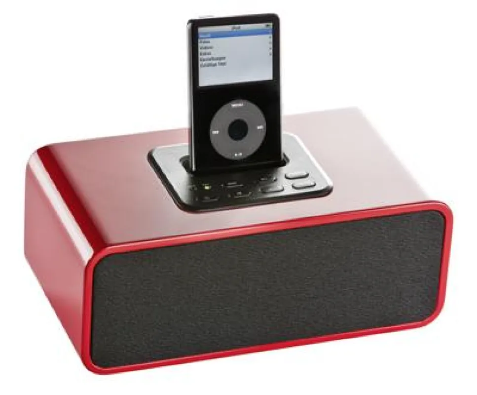 Eines von sechs neuen iPod-Audiosystemen: Elav-4 mit rotem Klavierlack