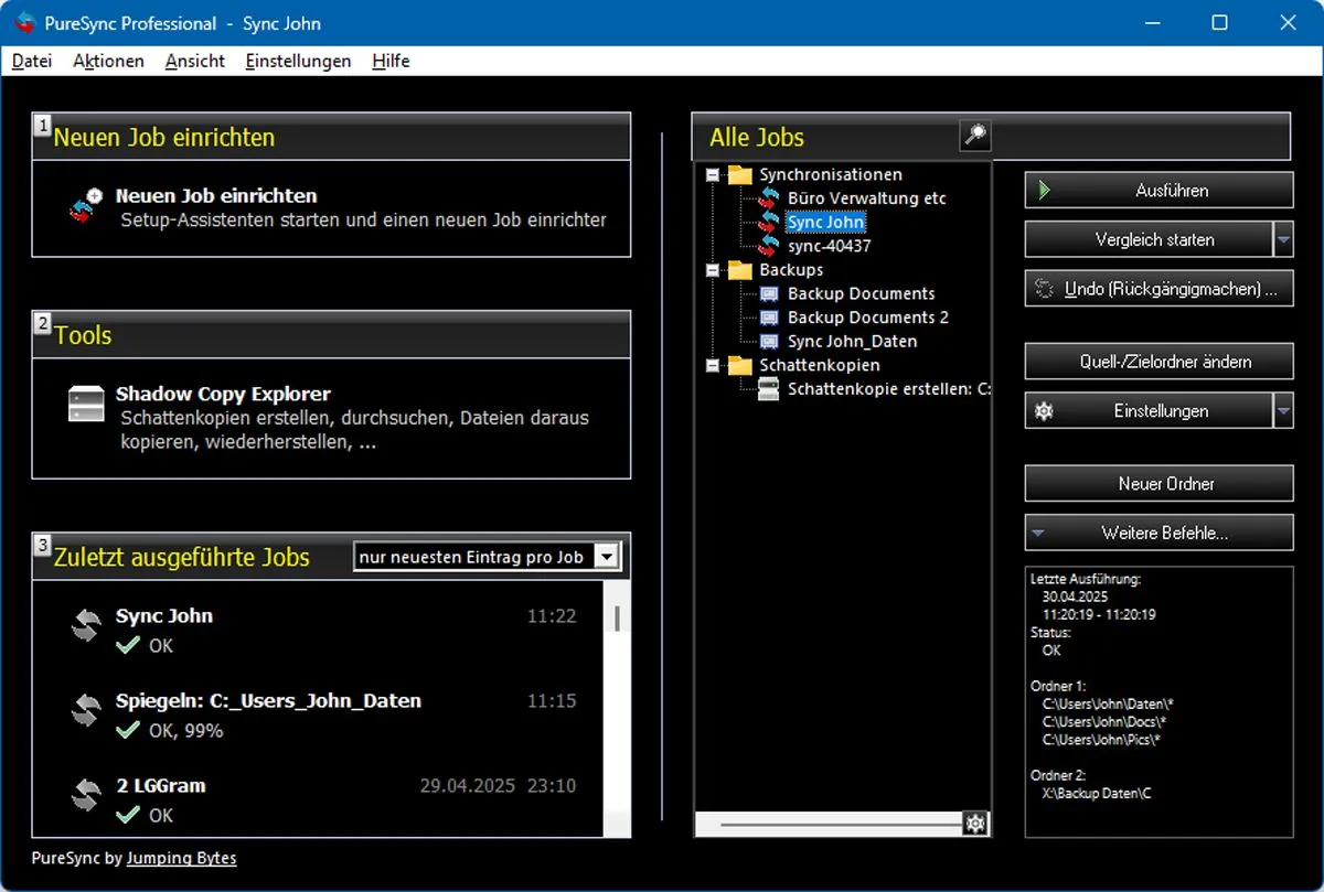Dark Mode: PureSync Hauptfenster (© Jumping Bytes)