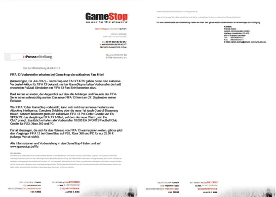 Bild: FIFA 13 Vorbesteller erhalten bei GameStop ein exklusives Fan-Shirt