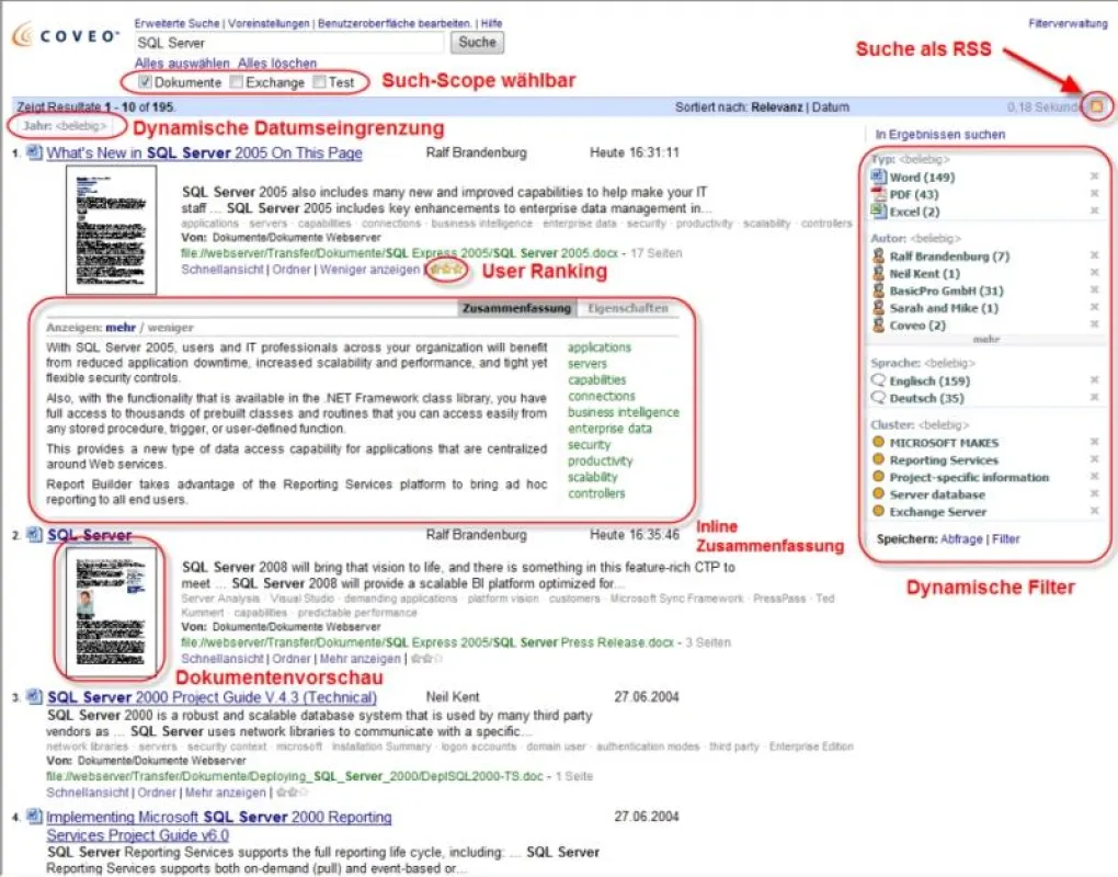 Ergebnisseite der Coveo Enterprise Suche