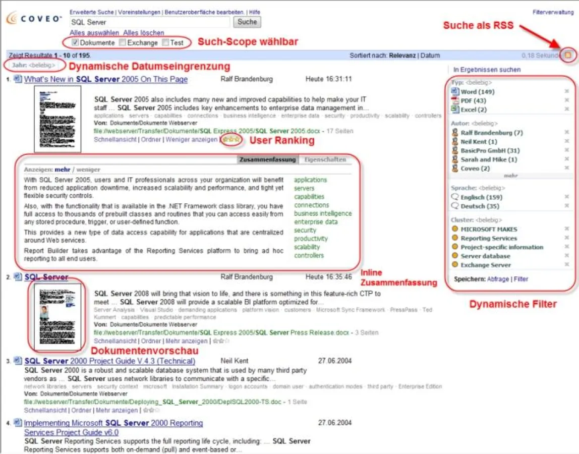 Ergebnisseite der Coveo Enterprise Suche