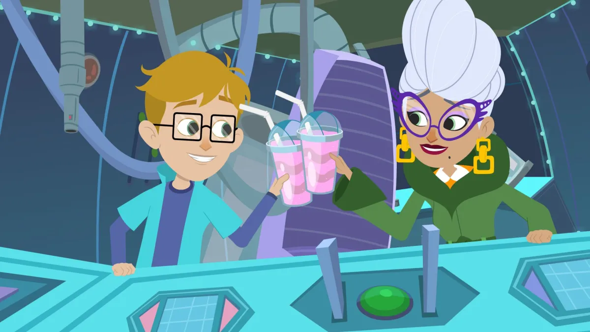 Gavin MacIver-Wright als junge Quinn Crock und Nathalie Boltt aus Riverdale als machthungriger Boss (© Big Bad Boo Studios)