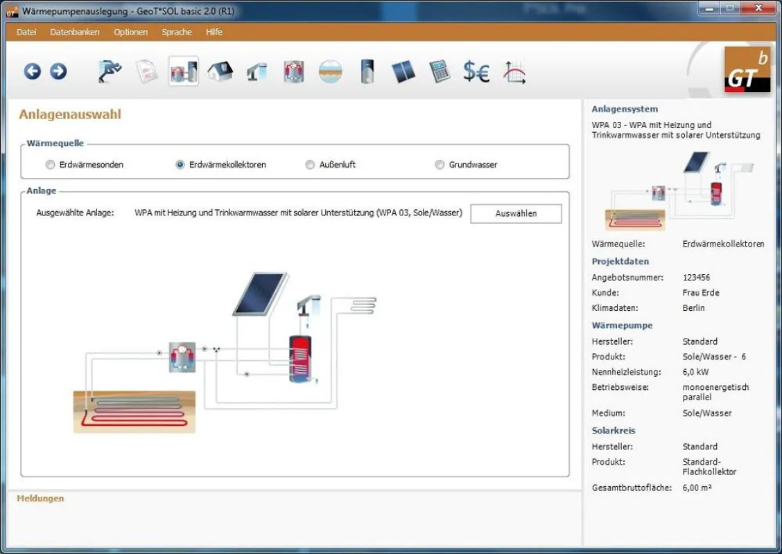 GeoT*SOL basic 2.0 ermöglicht die Planung verschiedener Wärmepumpensysteme (hier: Erdwärmekollektor)
