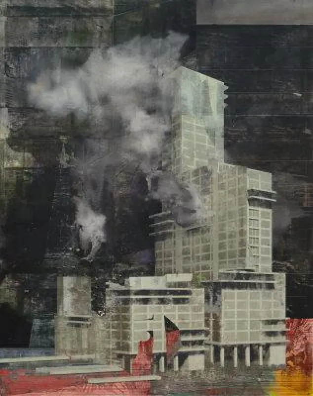 Oliver Stäudlin: Zentrale, 2017, Öl, Acryl und Holzdruck auf Leinwand, 250 x 200 cm