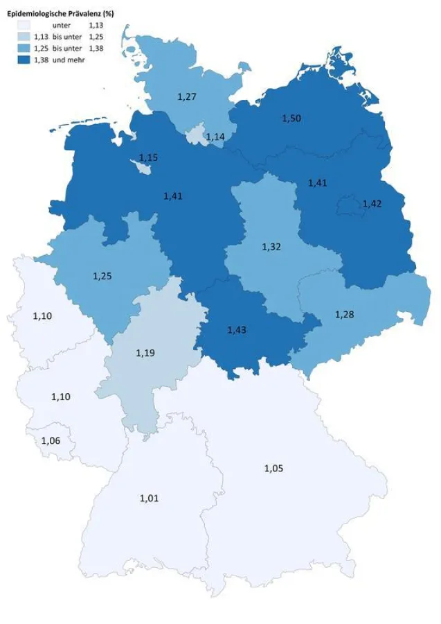 Erkrankungshäufigkeit rheumatoide Arthritis 2014 (Zentralinstitut für die kassenärztliche Versorgung (Zi) - Versorgungsatlas)