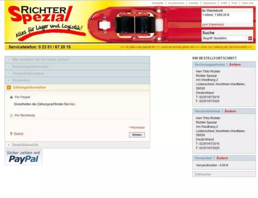Bild: Vereinfachte Zahlung ohne Kosten mit Käuferschutz über PayPal®, Richter Spezial erweitert Zahlungsmodalitäten.
