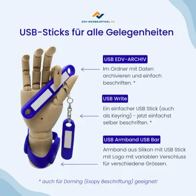 Bild: EDV-Werbeartikel: verstellbare USB-Armbänder, USB-Sticks zum Beschriften und USB-Sticks zum Abheften.