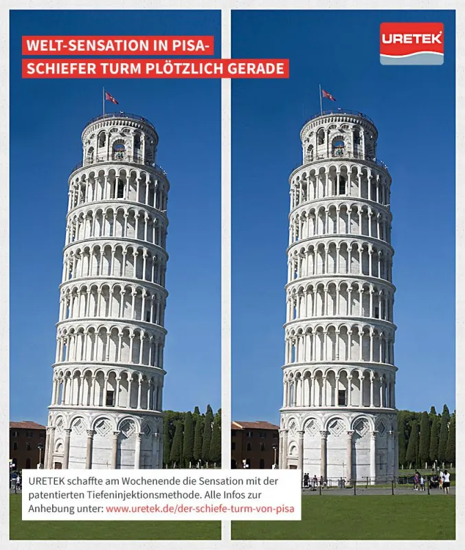 Vorher-Nachher Vergleich des angehobenen schiefen Turms von Pisa