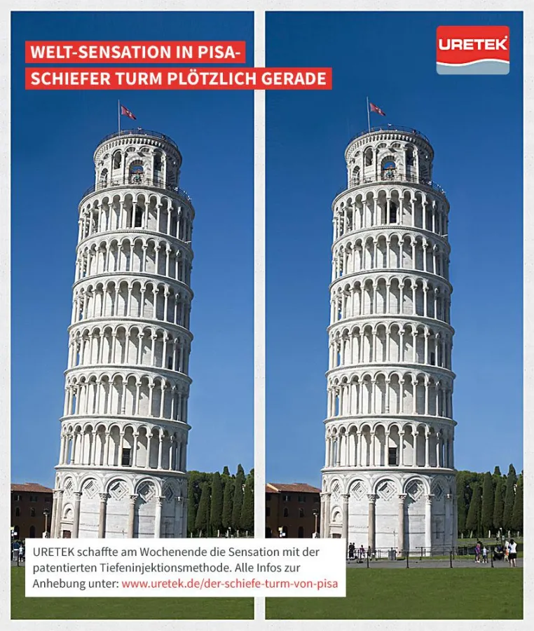 Vorher-Nachher Vergleich des angehobenen schiefen Turms von Pisa