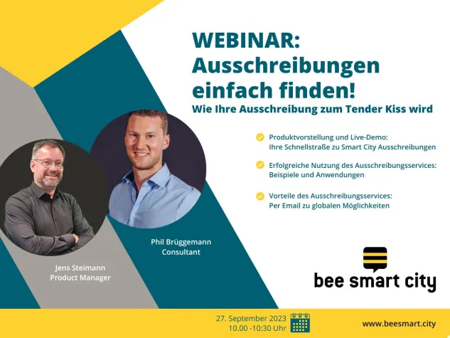 WEBINAR: SMART CITY AUSSCHREIBUNGEN FÜR LÖSUNGSANBIETER FINDEN Bild: WEBINAR: SMART CITY AUSSCHREIBUNGEN FÜR LÖSUNGSANBIETER FINDEN