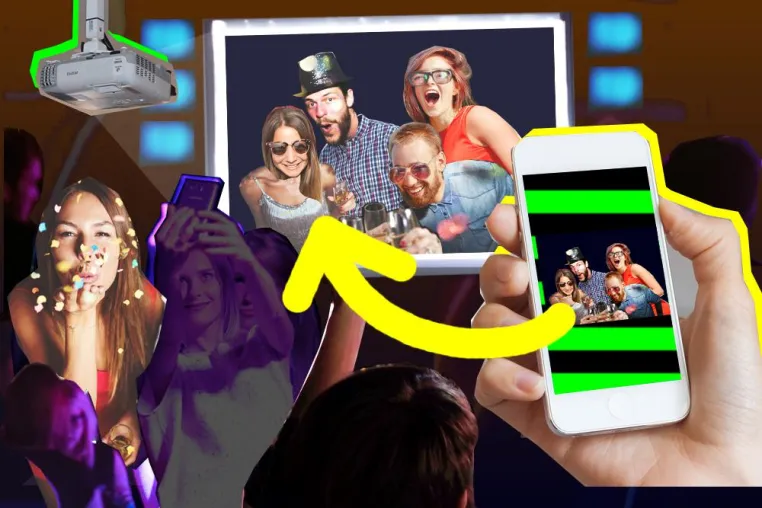 Geburtstagsparty mit der Selfiewall feiern – sie zeigt Handyfotos und Glückwünsche der Gäste auf dem Beamer Bild: Geburtstagsparty mit der Selfiewall feiern – sie zeigt Handyfotos und Glückwünsche der Gäste auf dem Beamer