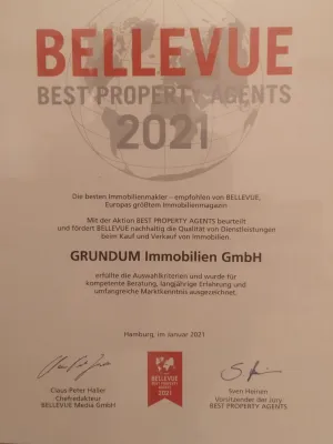 Bild: Auszeichnung mit Qualitätssiegel: GRUNDUM Immobilien als »BELLEVUE BEST PROPERTY AGENT 2021« ausgezeichnet