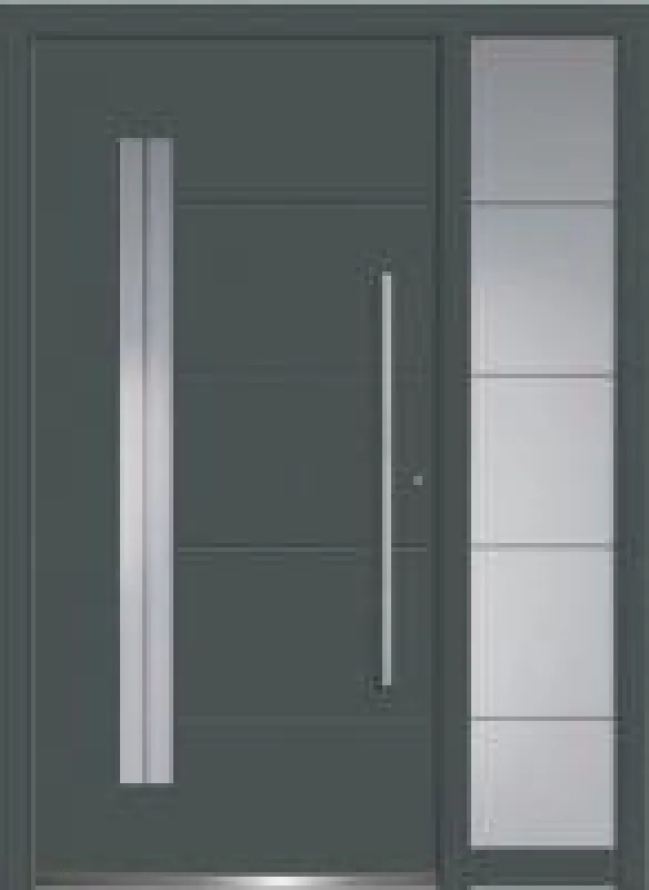 Aluminium-Haustür mit Seitenteil, Serie Concept Class Modell Acor mit Designglas in RAL7012. Foto: Wirus-Fenster