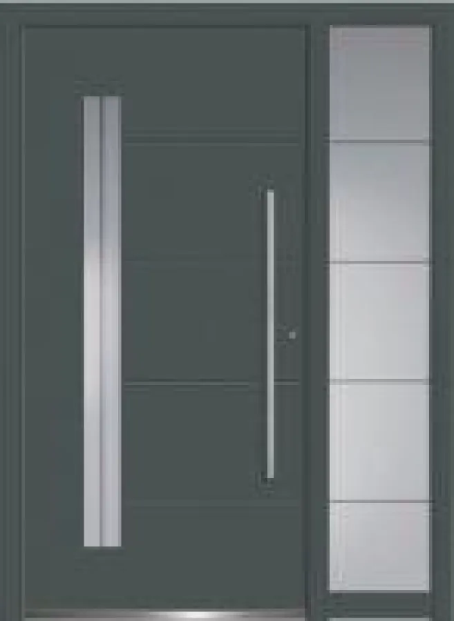 Aluminium-Haustür mit Seitenteil, Serie Concept Class Modell Acor mit Designglas in RAL7012.   Foto: Wirus-Fenster