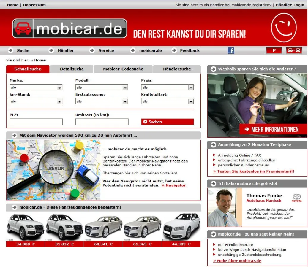 Die Website der neuen Automobilbörse www.mobicar.de
