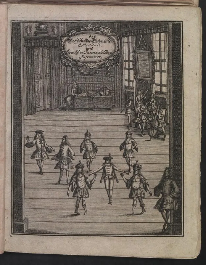 Titelkupfer aus dem Traktat „Gottfried Taubert, Tanzmeisters zu Leipzig, Rechtschaffener Tantzmeister, oder gründliche Erklärung der Frantzosischen Tantz-Kunst“ (Leipzig 1717) (Foto: Universitätsbibli