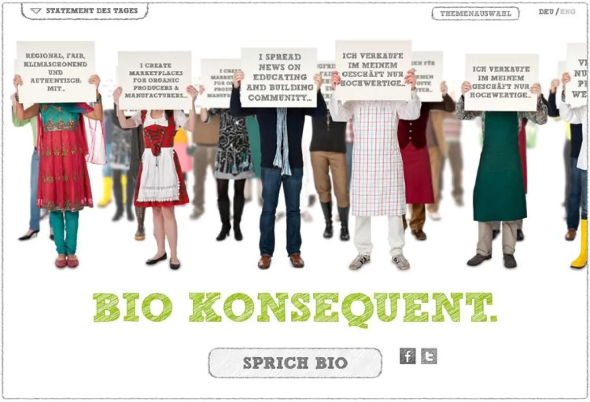 Startseite bio-konsequent.de präsentiert Statements der Nutzer zu Bio in Echtzeit
