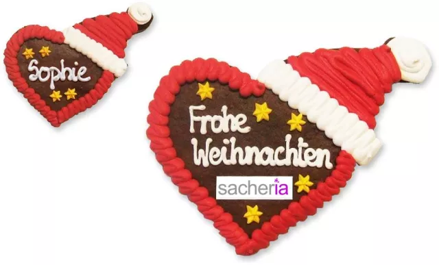 Bild: Ein Präsent, das von Herzen kommt: Die Lebkuchenherzen mit Weihnachtsmütze von Sacheria lassen niemanden kalt