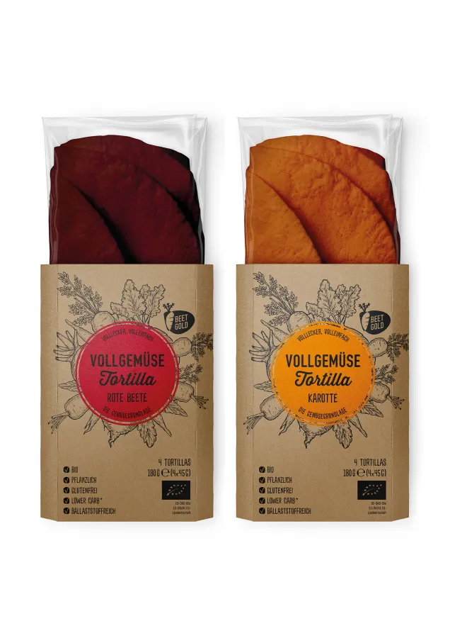Beetgold Vollgemüse Tortillas in den Sorten Rote Beete und Karotte (© Beetgold)