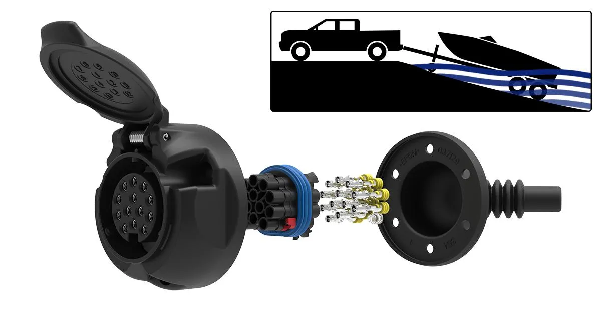 Die 13-polige Anhängersteckdose ist zu 100% wasserdicht