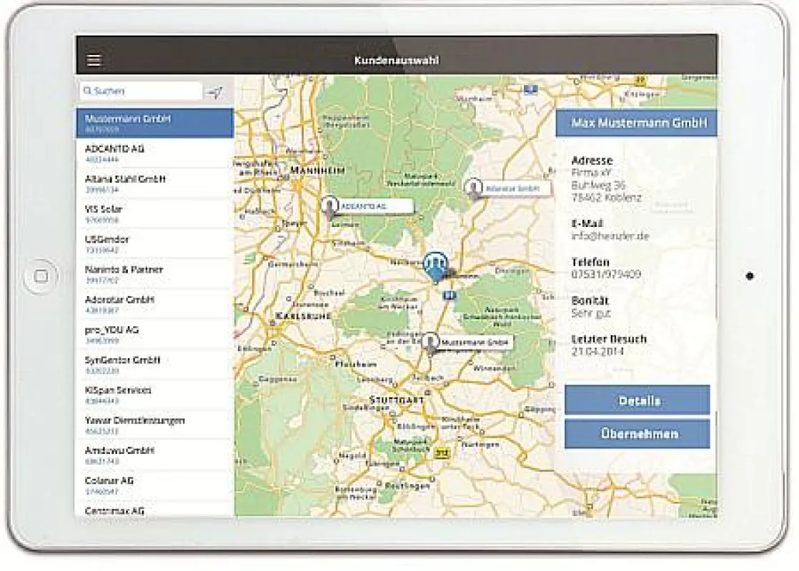 Vermo+: Visualisierung von Kundenadressen auf dem iPad (Bildquelle: SIC! Software).
