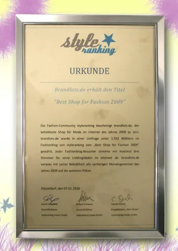 Bild: Brandlots.de erhält den Titel „Best Shop For Fashion 2009“