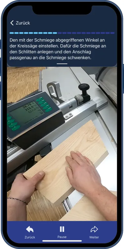 Kurs „Herstellung eines Schifterschnitts und Anreißen der Zinkenverbindung“ in der craftguide-App (© craftguide)