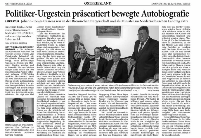 Bild: Ostfriesischer Kurier berichtet über Autobiografie des Ex-Ministers Johann-Tönjes Cassens