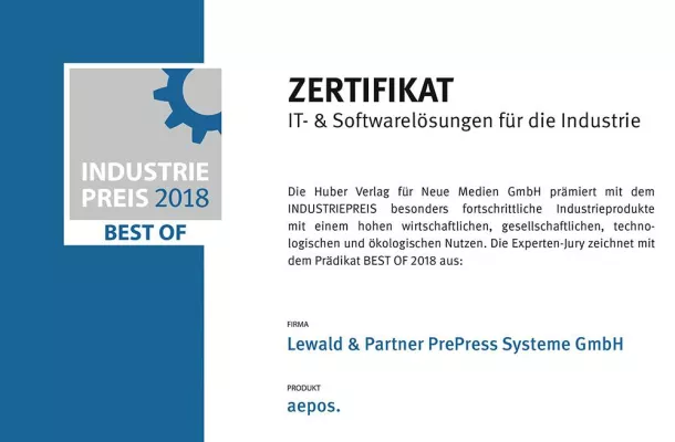 Bild: aepos. als BEST OF beim Industriepreis 2018 in der Kategorie IT & Softwarelösungen ausgezeichnet