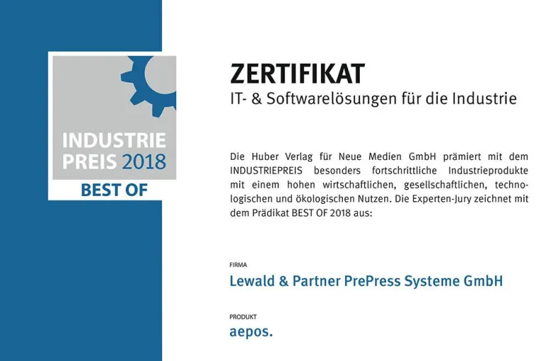 Bild: aepos. als BEST OF beim Industriepreis 2018 in der Kategorie IT & Softwarelösungen ausgezeichnet
