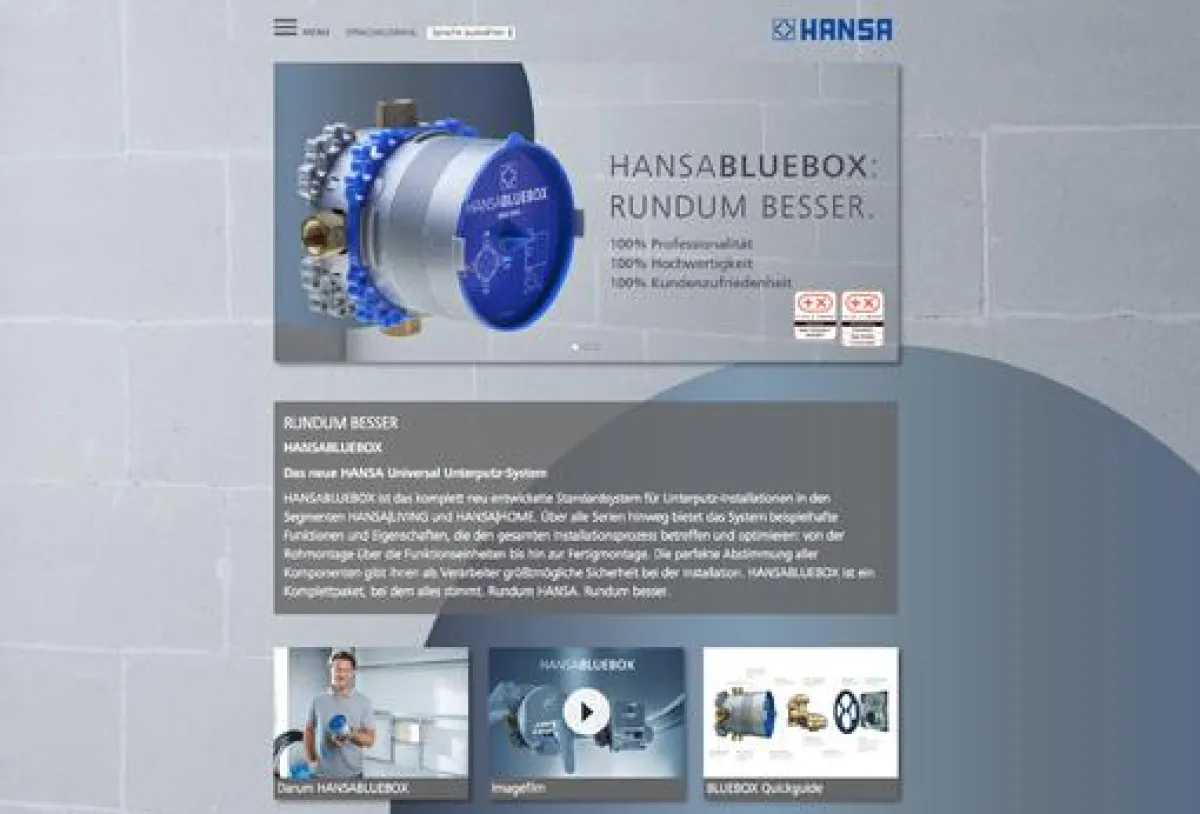 Verkaufsunterstützung: Die Microsite mit Themen rund um HANSABLUEBOX.? Foto: Hansa Armaturen GmbH