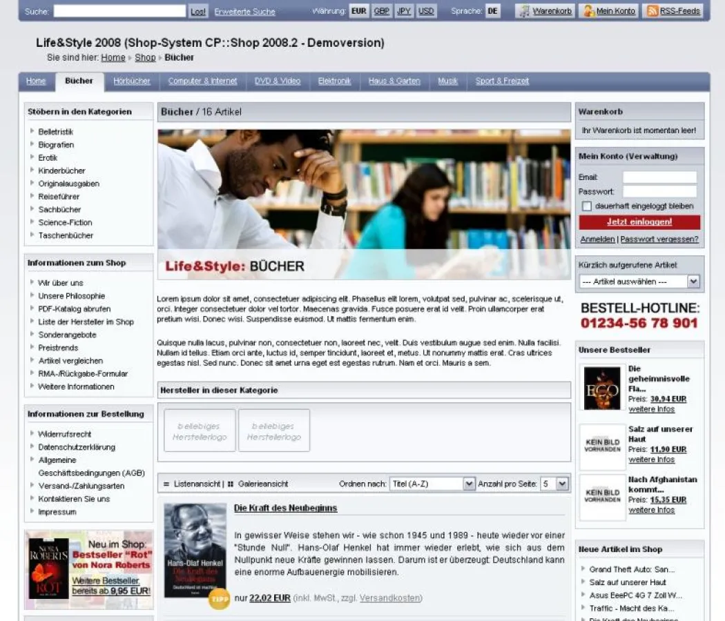 Fertig eingerichter Online-Shop auf der Basis von CP::Shop 2008.2