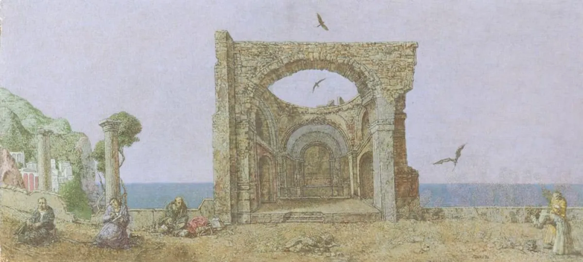 Werner Tübke, Ruine am Meer, 1996, Mischtechnik auf Holz, 36 x 80 cm