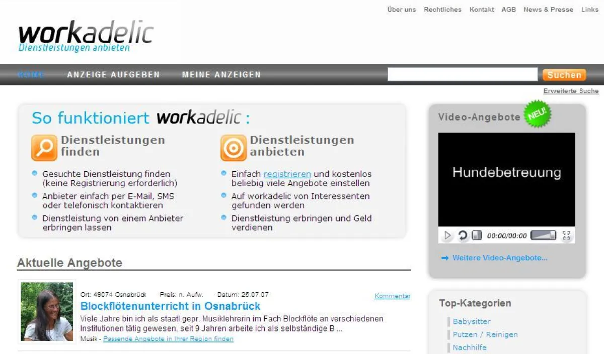 Startseite des Portals workadelic.de