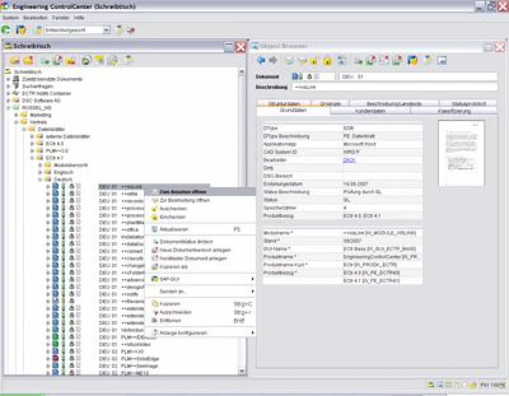 Effizientes Management von Dokumenten über die Benutzeroberfläche des Engineering Control Centers.