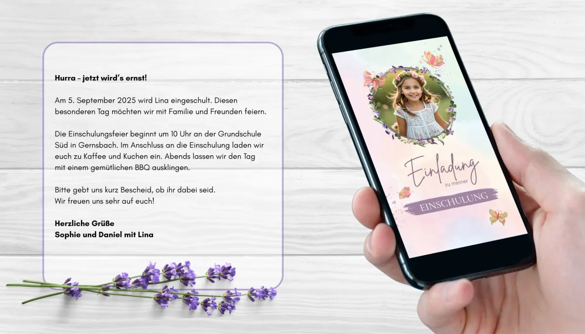 Digitale Einschulungseinladung von eCardino – direkt per WhatsApp versendbar (© eCardino.com)