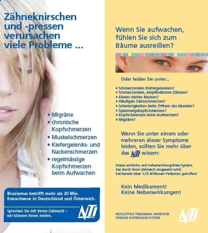 Neue NTI-tss Patientenbroschüre erhälltlich für Patienten mit Bruxismus, CMD. Kopfschmerzen