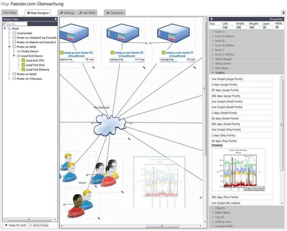 Im PRTG Maps-Editor kombinieren Benutzer Echtzeit-Monitoring-Daten mit beliebigen Objekten