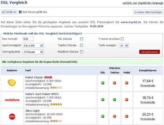 Erster DSL Preisvergleich bei Facebook gestartet Bild: Erster DSL Preisvergleich bei Facebook gestartet
