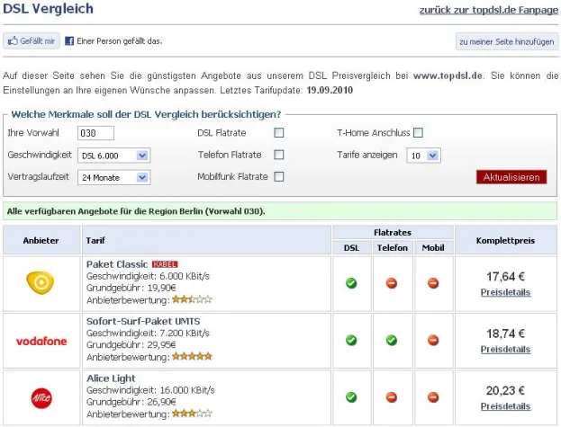 Bild: Erster DSL Preisvergleich bei Facebook gestartet