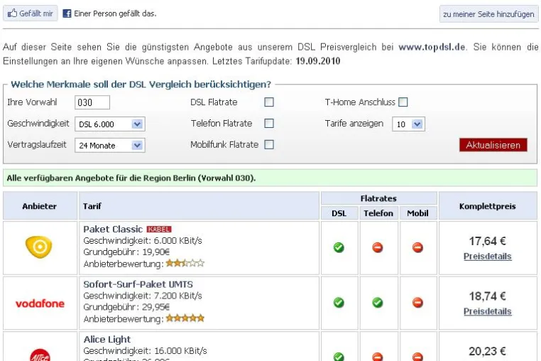 Bild: Erster DSL Preisvergleich bei Facebook gestartet