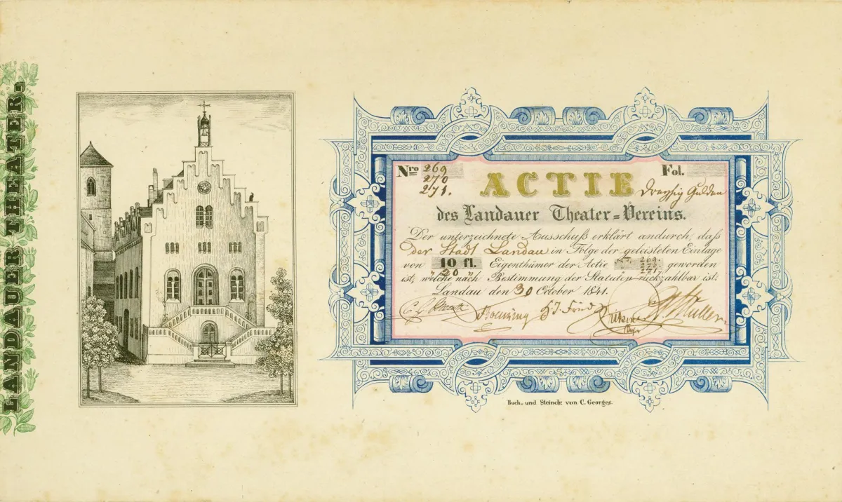 Gründeraktie des Landauer Theater-Vereins aus dem Jahr 1841.