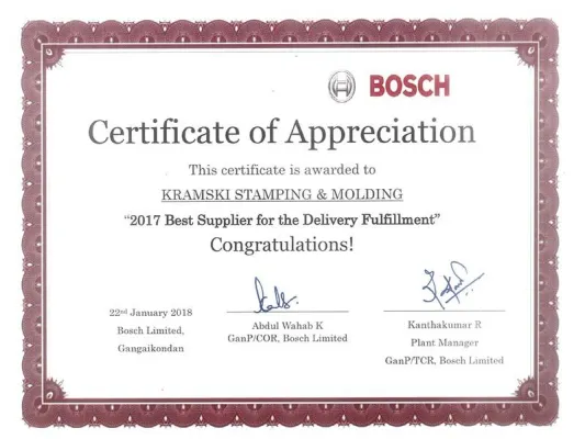 Bild: Erneut ausgezeichnet – Bosch Award für KRAMSKI India.