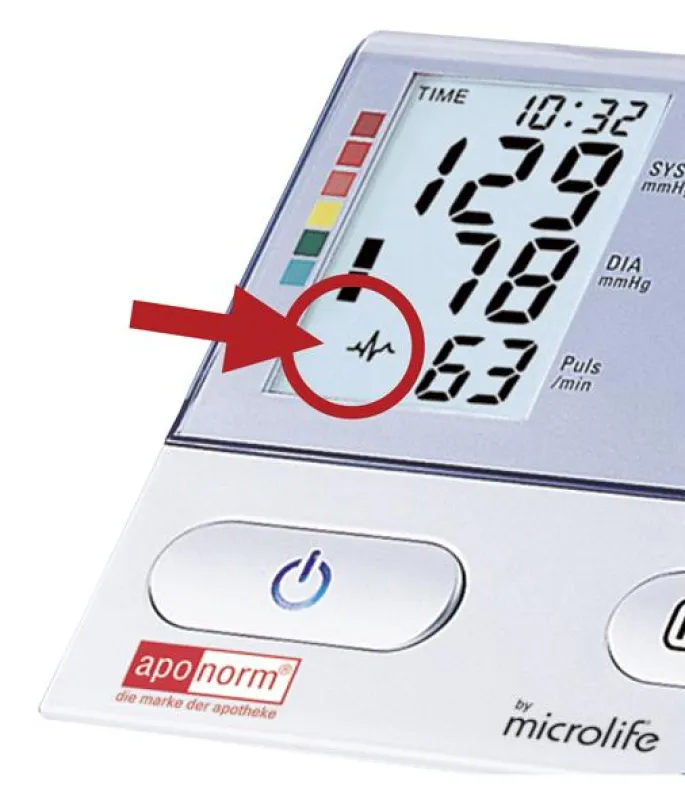 Testsieger bei STIFTUNG WARENTEST: das Modell PROFESSIONELL von aponorm mit patentierter PAD-Technologie erkennt Herzrhythmusstörungen und warnt mit Symbol und Signalton